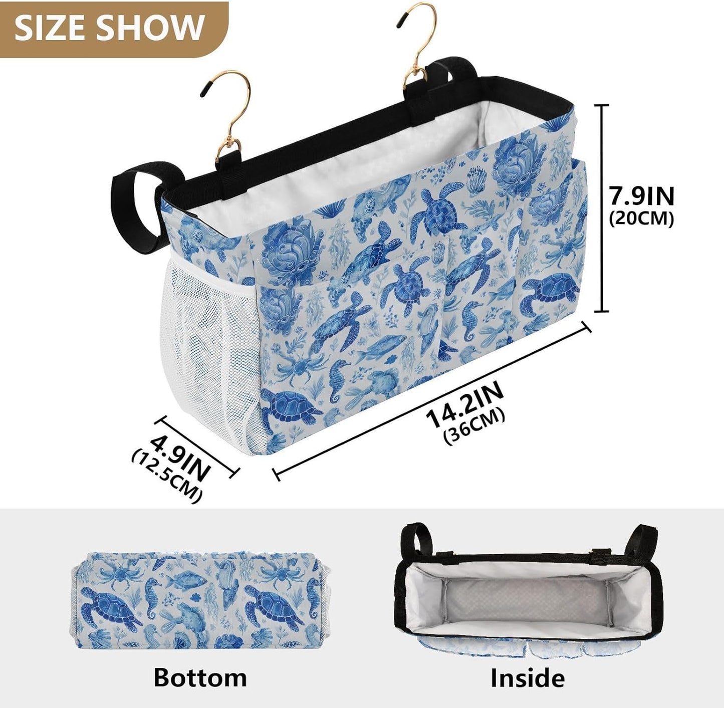 Ink Blue Turtles Fish Crabs Bedside Caddy for Dorm Bed Bedside Hanging Caddy Bag Iron Frame Storage Organizer Pocket for Bunk Home College Hospital Beds 2 Hooks