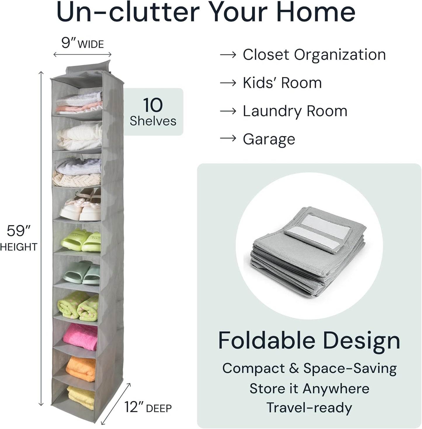 Boxy Concepts 10-Shelf Hanging Hat Organizer for Baseball Caps - Grey Contemporary Fabric - Space-Saving Baseball Cap Organizer & Closet Storage - Wall-Mount Hat Rack & Shoe Rack