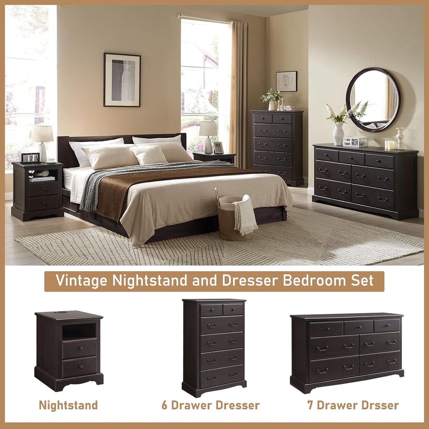 T4TREAM 6 Drawers Dresser Chests for Bedroom, 48" Tall Rustic Chset of Drawers, Wood Dressers Organizer for Bedroom, Living Room,Hallway, Espresso