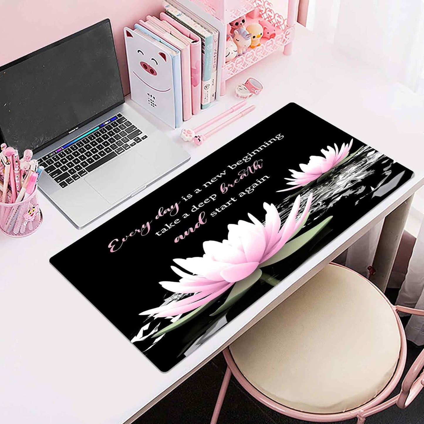 LB Pink Water Lily Flower Inspirational Large Mouse Pad with Motivational Quotes, Non-Slip Rubber Base Black White Aesthetic Desk Pad for Home, Office, Gaming Mouse Mat, 15.75" x 31.5"