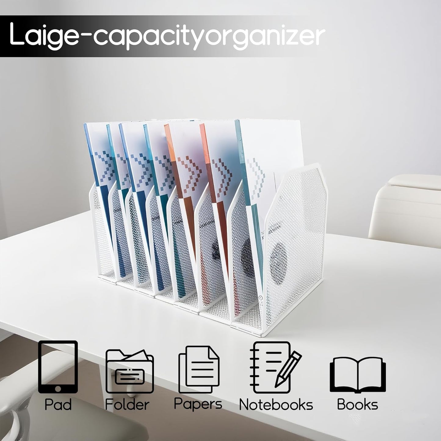 Adjustable Desk File Organizer,Detachable Office Folder Organizer,Compact Vertical Desk File Holder,Wrought Iron Paint,Suitable for Home, School, Office Classrooms (White - 7 grids)