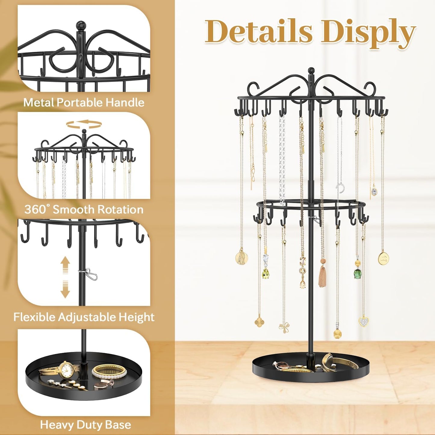 MODOWEY Rotating Necklace Holder Organizer Display Stand with 42 Hooks, 2 Tier Adjustable Metal Necklace Tree Rack with Jewelry Tray for Men Women, Tall Bracelet Storage Hanger for Selling, Black