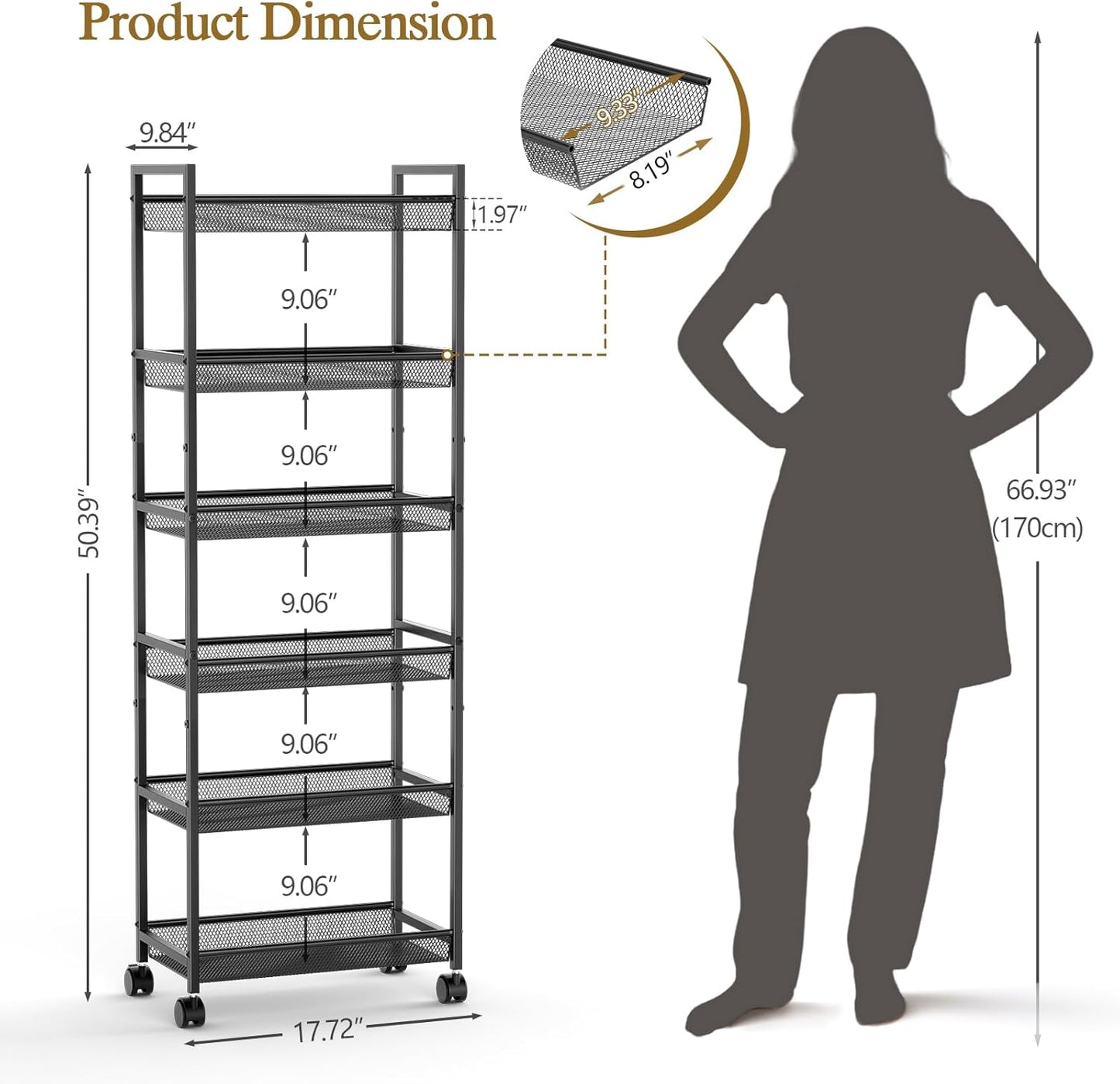 6 Tier Slim Rolling Storage Cart, Narrow Mobile Shelving Unit Organizer Utility Cart with Wheels, Metal Wire Storage Rack with Baskets for Kitchen, Bathroom, Laundry & Living Room, 10in(W) Black