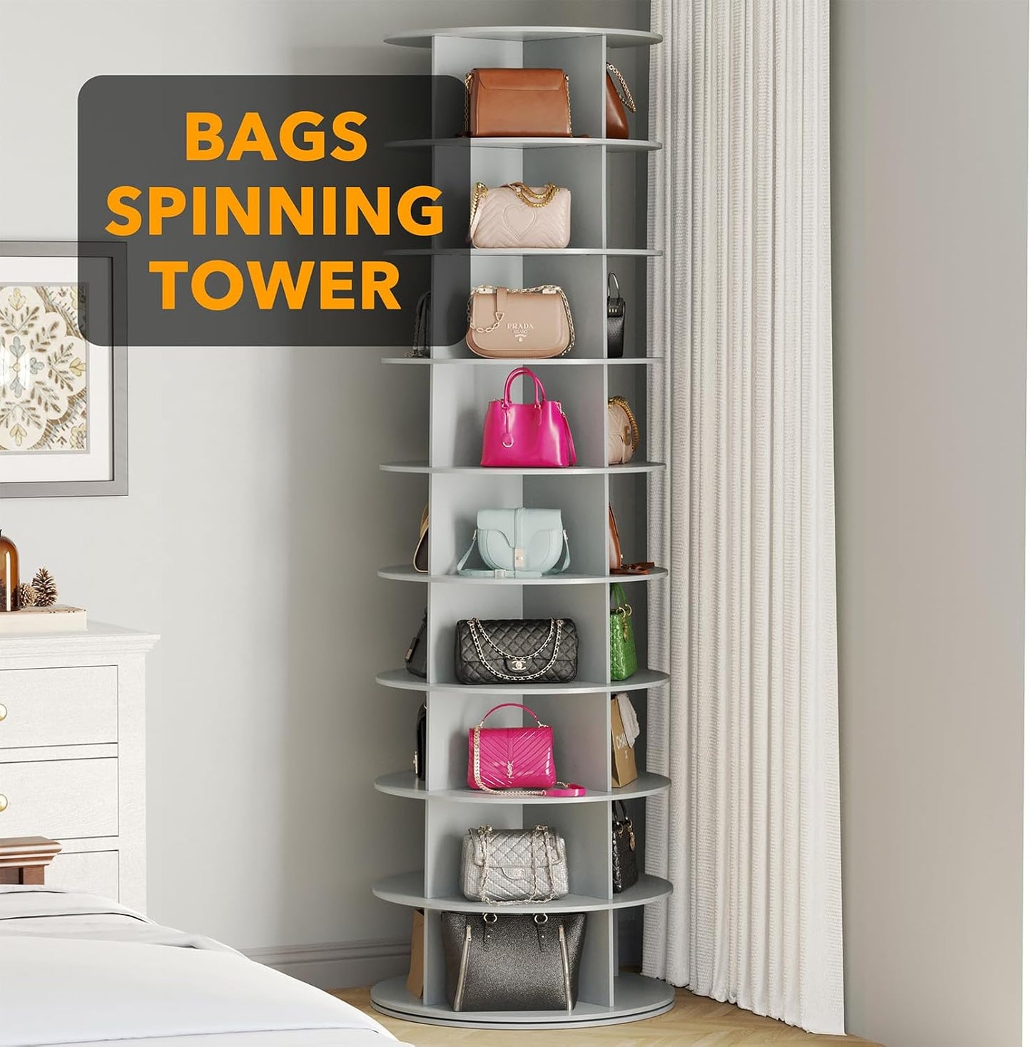 SpaceAid 9 Tier Rotating Shoe Rack Tower, Spinning Shoe Display Lazy Susan, Revolving 360 Shoe Rack Storage Round Carousel, Vertical Handbag Rotate Shoes Closet Organization (9-Tier Gray)