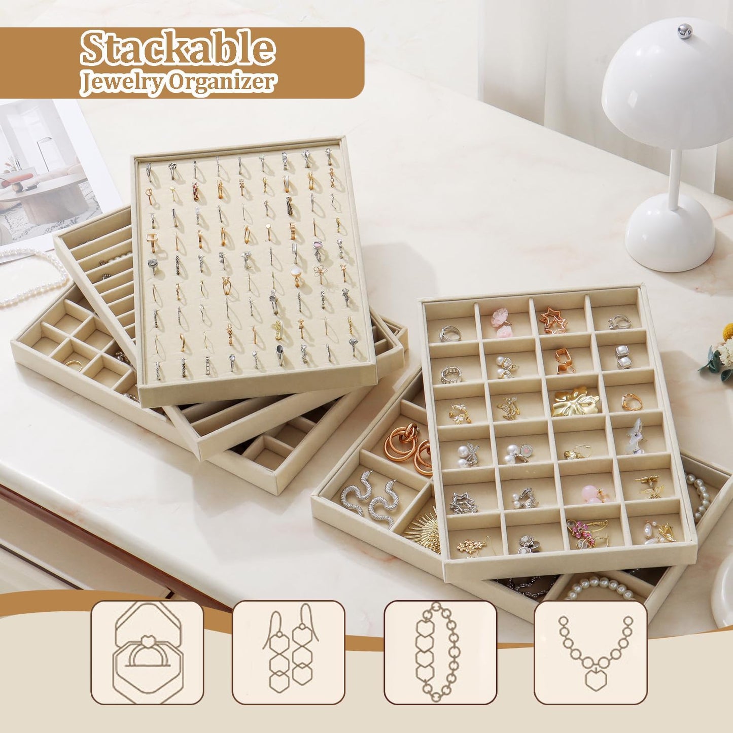 Large Velvet Jewelry Tray 2 Pack Stackable Jewelry Display Drawer Inserts Trays Organizer for Earring Bracelet Necklace Ring (Beige, Ring 81 Slots)