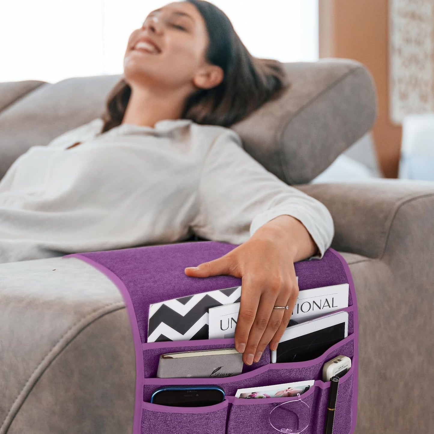 Remote Control Holder Armchair Caddy for Recliner Couch, Non-Slip Armrest Organizer with 5 Pockets for Magazine, Tablet, Phone, iPad (Purple)