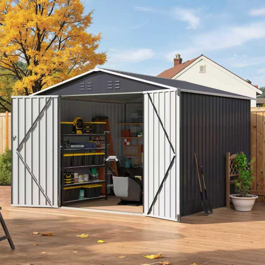 8x8 FT Outdoor Storage Shed, Garden Shed with Updated Frame Structure and Lockable Doors, Metal Tool Sheds for Backyard Garden Patio Lawn, Gray