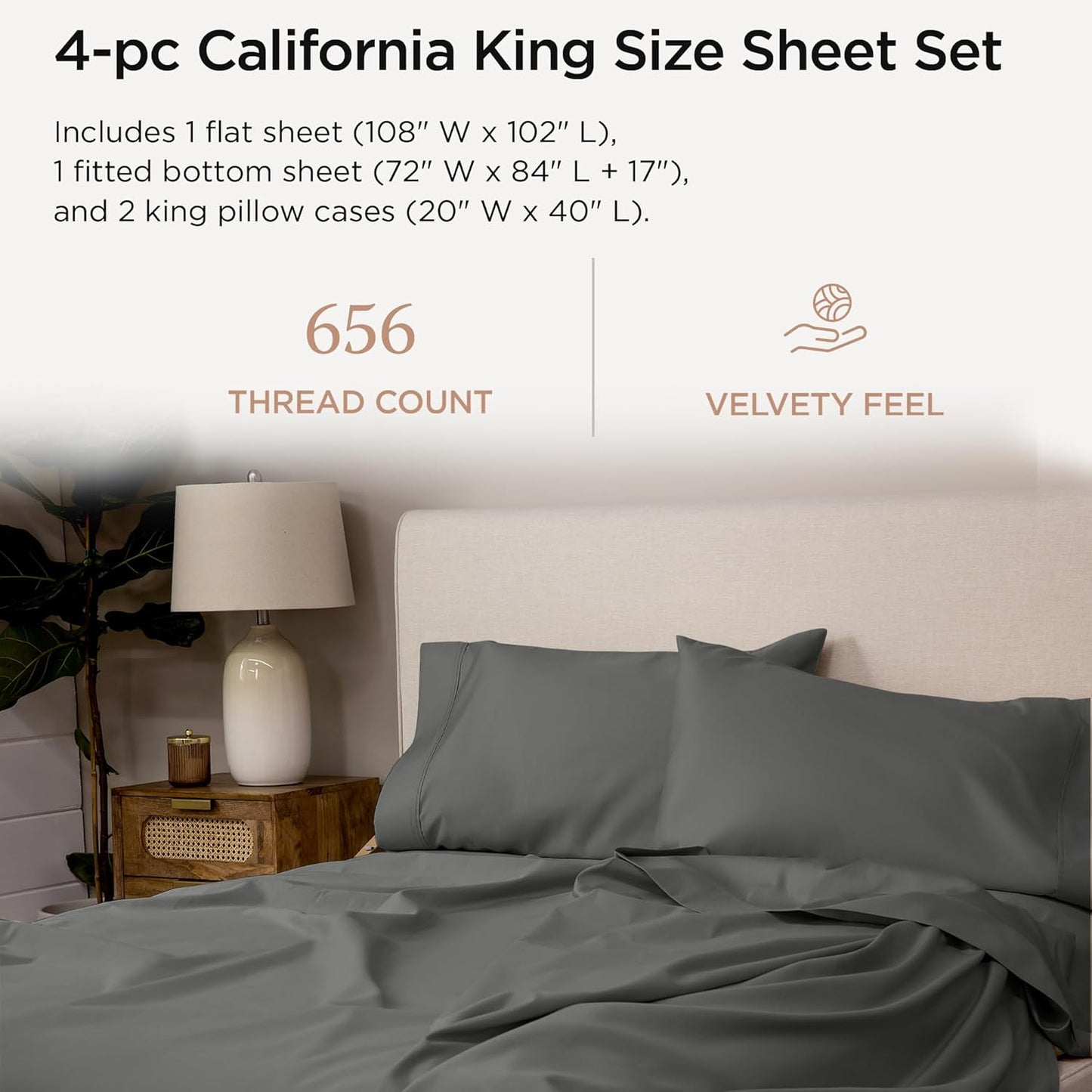 Threadmill California King Sheet Sets |Certified American Supima Cotton Sheets | 656 Thread Count 4 Piece Hotel Quality Luxury Bed Sheets Set with Elasticized Extra Deep Pocket |Dark Grey Sheets
