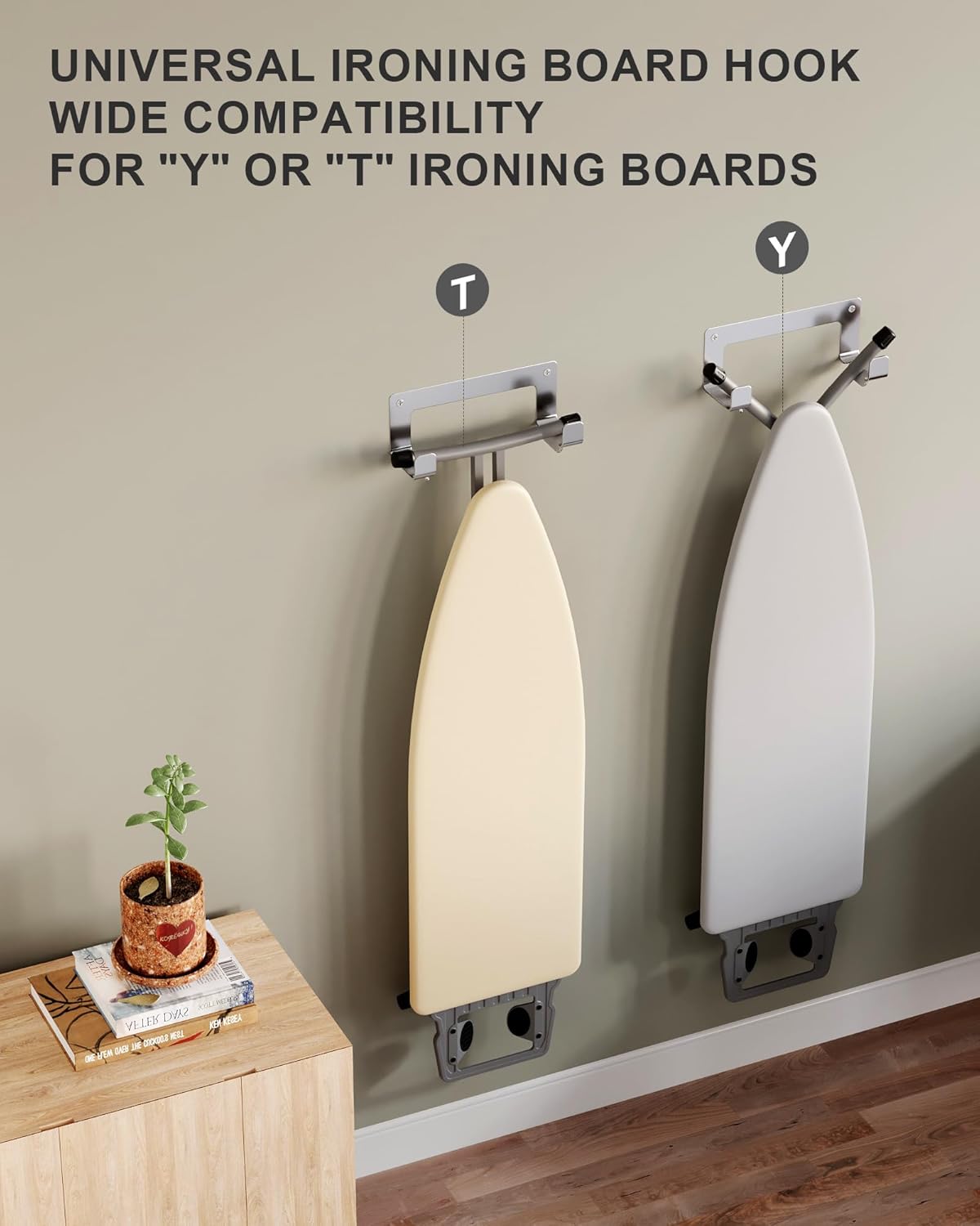 2PC Ironing Board Hanger Wall Mount Stainless Steel, Y T Leg Ironing Board Holder Wall Mount for Laundry Room, Iron Board Hooks for Wall Heavy Duty Silver