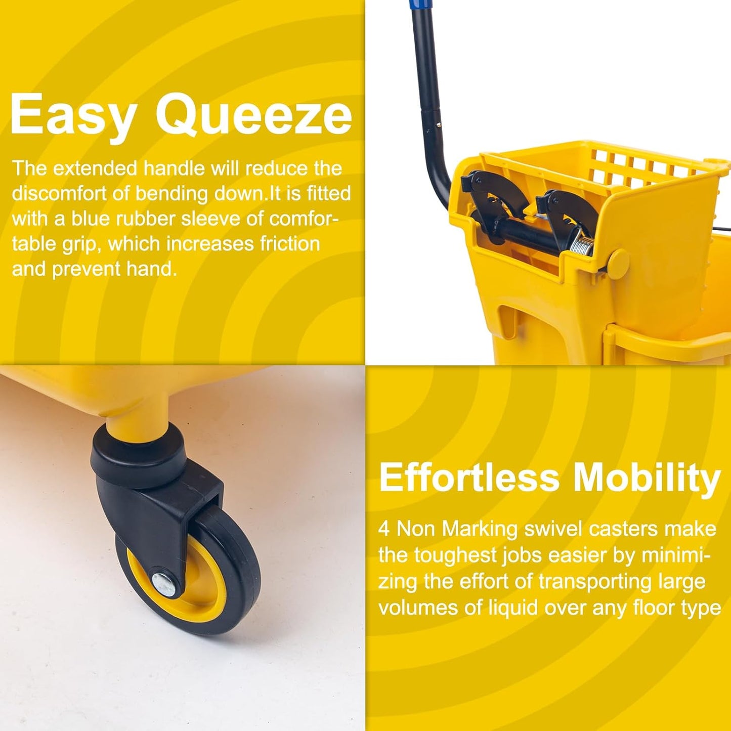 Kefanta 35 Qt Side Press Wringer Combo Commercial Mop Bucket on Wheels Set,Yellow,Include 1 Heavy Duty Industrial Mop for Floor Cleaning and Wet Floor Caution Sign