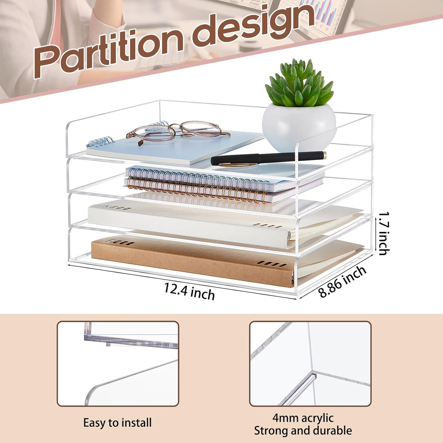 Harloon 4 Tier Acrylic Paper Tray 12.4 x 8.9 x 1.7 Inches Stackable Letter Clear Organizer No Need to Assemble Acrylic Paper Organizer File Tray for Office Workspace Desktop Storage(Transparent)
