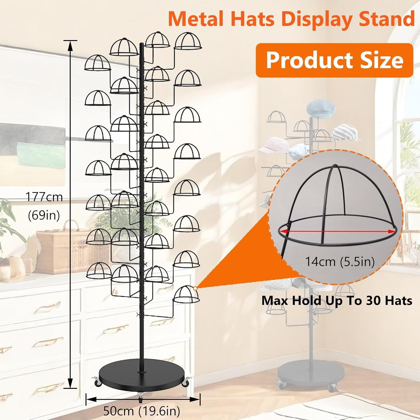 Gold Hat Display Stand, Commercial Hat Rack with 30 Hooks & Wheels, Freestanding Metal Cap Organizer for Retail Store, Home, 69 inch