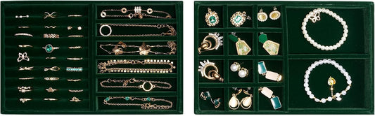 ProCase Stackable Jewelry Organizer Trays for Drawers, Jewelry Drawer Inserts Container Display Case Storage for Earring Necklace Rings Bracelet with Removable Dividers -Green, 2 Layers
