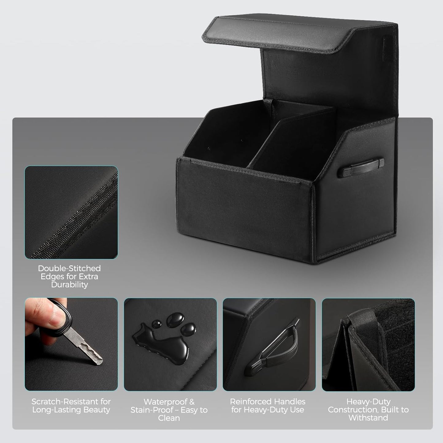 Car Organizers for Trunk for Suv Sedan, Leather Storage Box,Magnetic Lid,Collapsible and Adjustable,16.5 inches