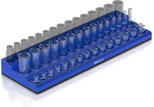 Olsa Tools Magnetic Socket Organizer (3/8-Inch Drive, 3-Row) - Magnetic Tool Organizer & Socket Holder - Tool Box Socket Organizers - Blue Blank - Holds 54 Sockets - Professional Grade - Part: 1683