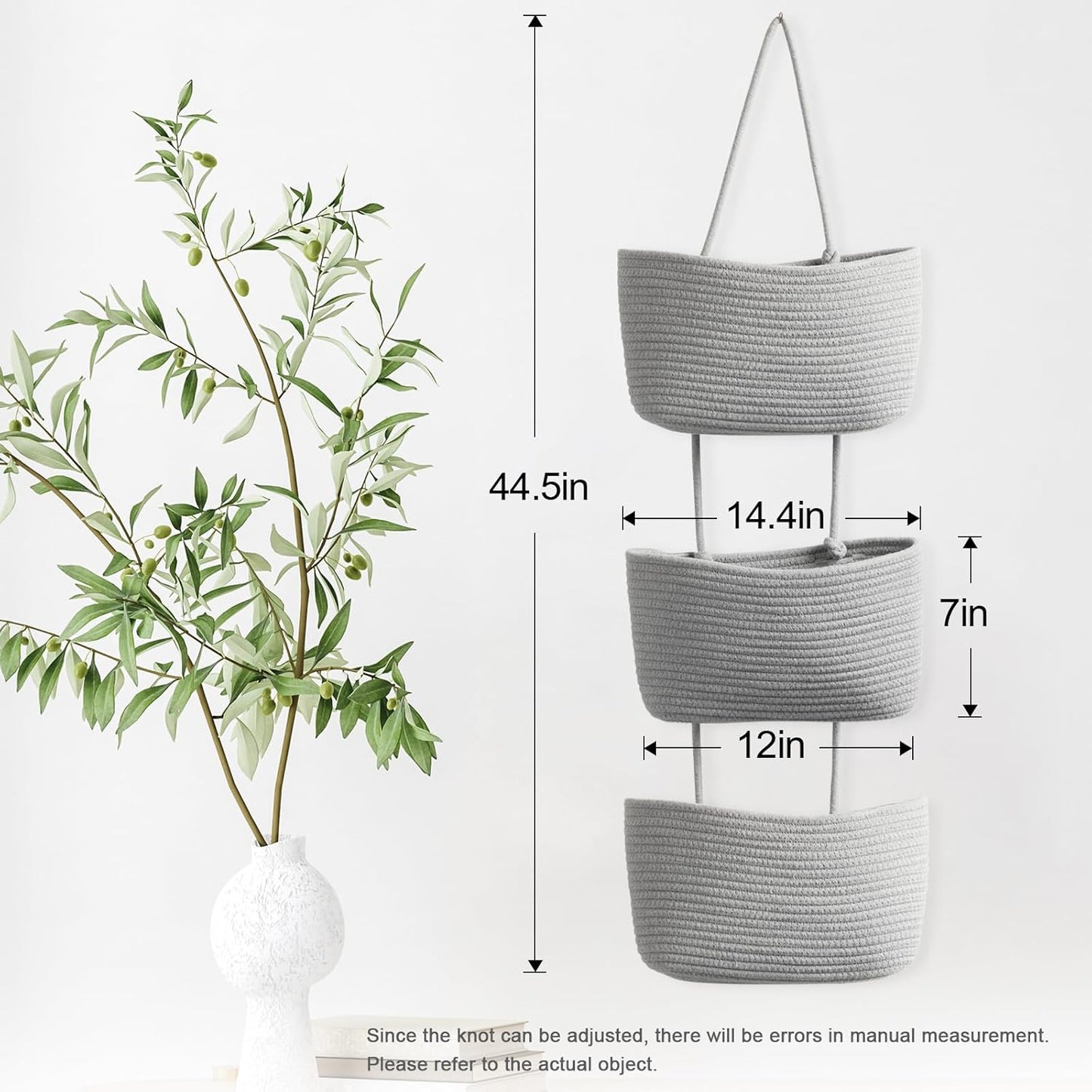 TeoKJ Over the Door Organizer, 3-Tier Woven Cotton Hanging Kitchen Baskets Storage Organizer Bag with Hooks Wall-Mounted Decorative Rope Baskets - Gray