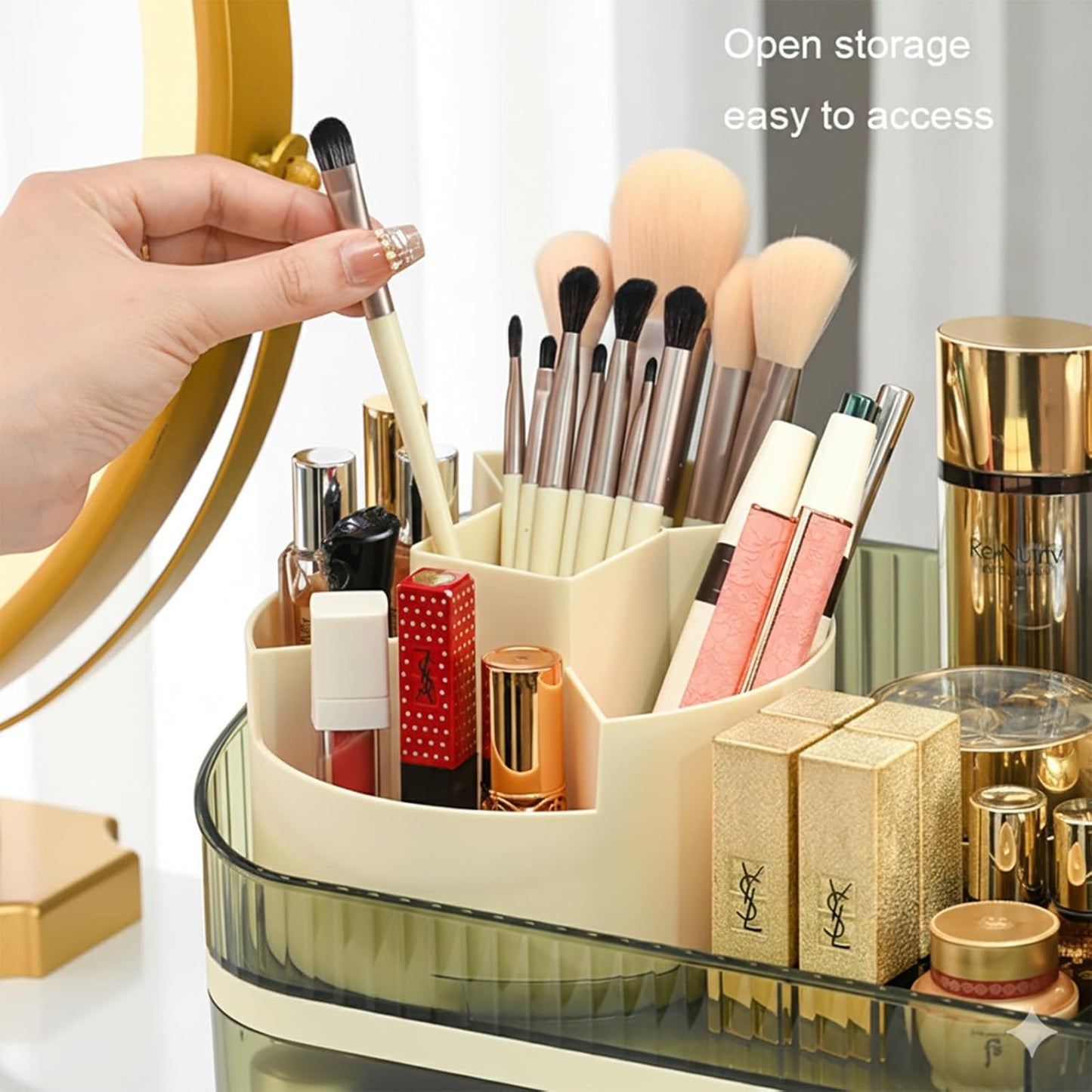 Large Plastic Makeup Organizer with Rotating Brush Holder for Vanity - Bathroom Countertop Skin Care Storage, Easy for Lipsticks, Nail Polishes, Perfumes & Eyeshadow Palettes
