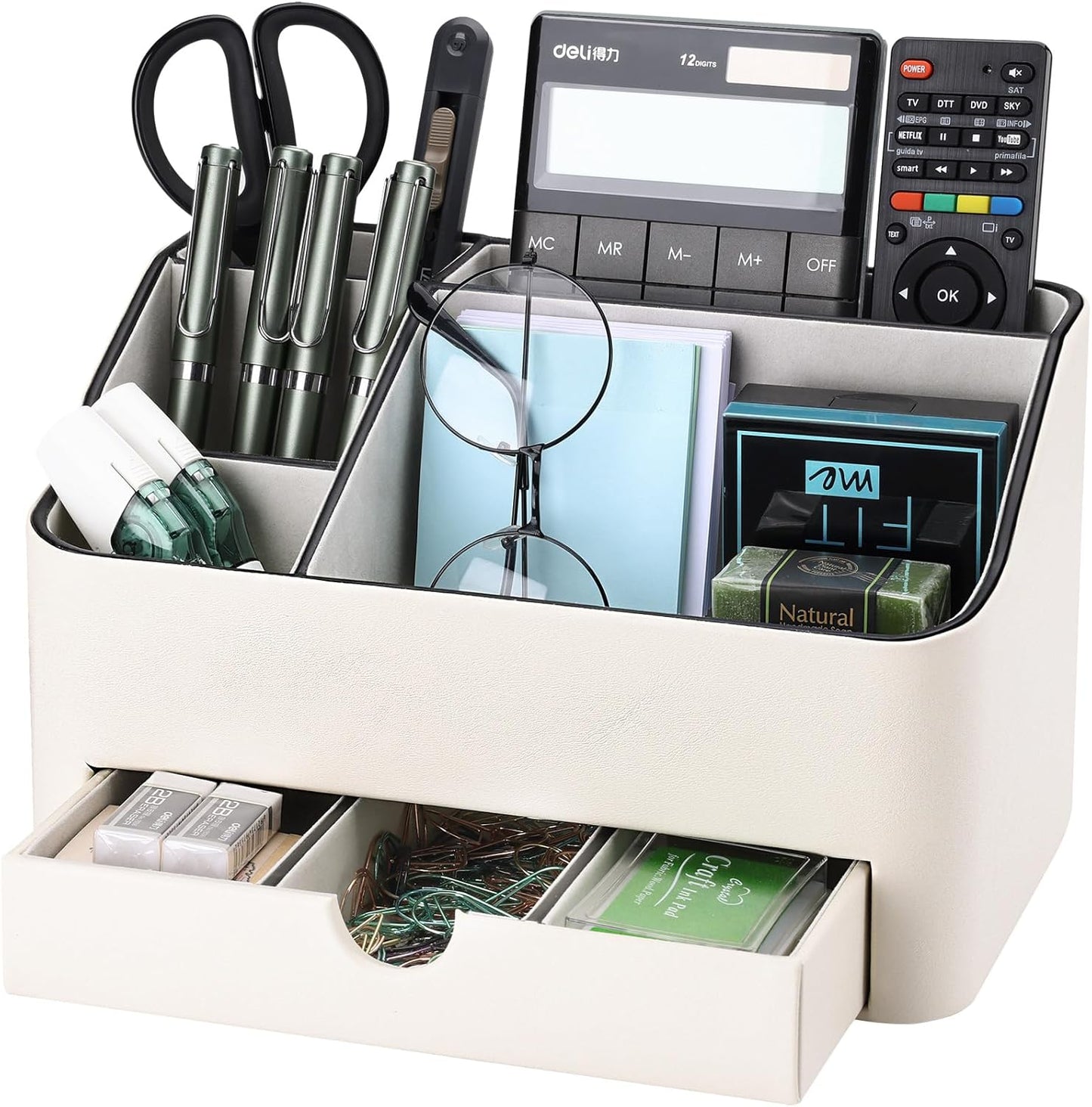 KINGFOM Desk Organizer with Drawer, Multifunction Pencil Holder for Desk, Desk Organizer and Accessories 5 Comparetments for Home Office Supplies (Ivory White)
