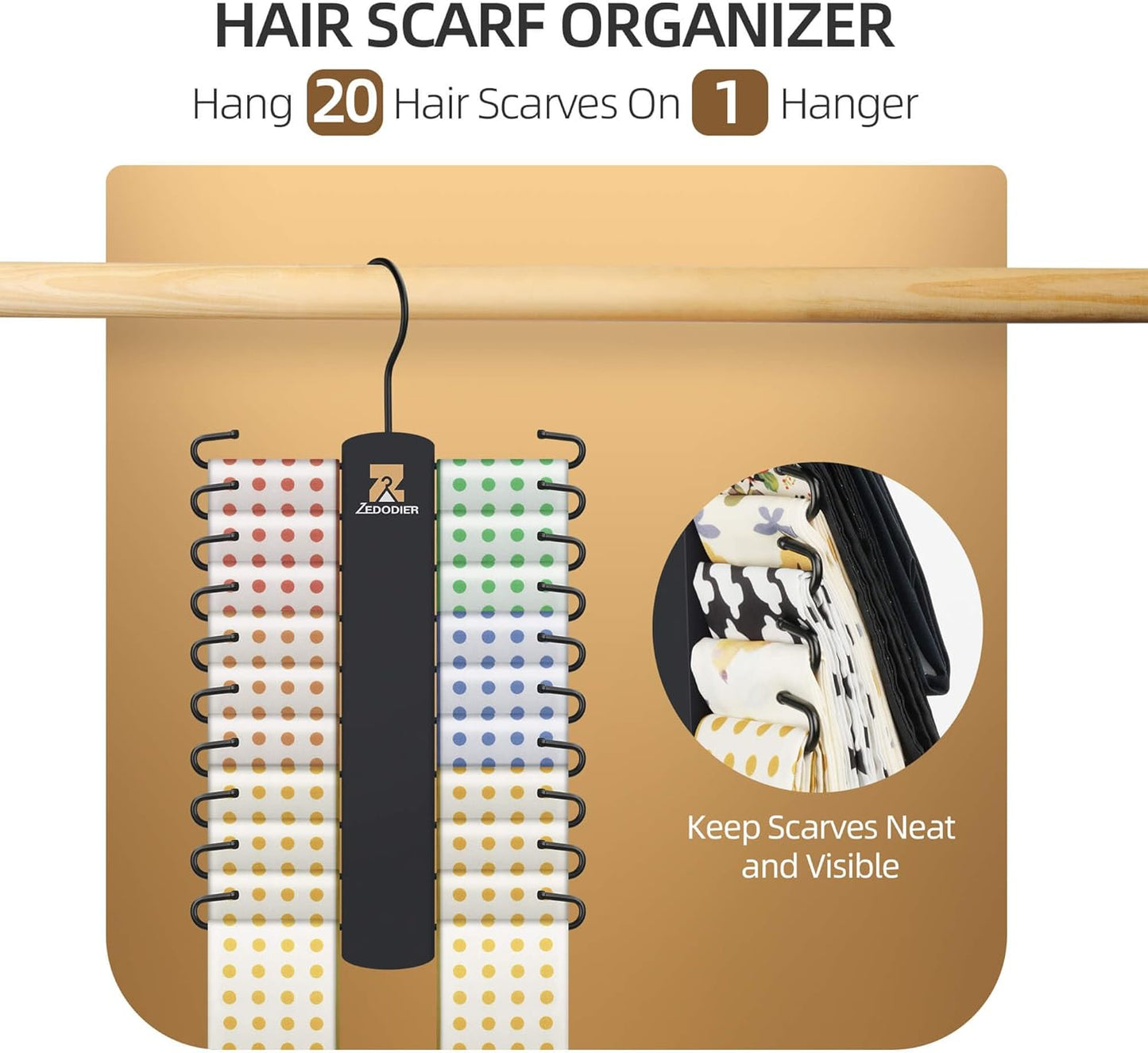 ZEDODIER 2 Pack Tie Hanger with 40 Hooks, Space Saving Necktie Organizer for Men, Large Capacity Tie and Belt Wooden Hanger for Closet, Black