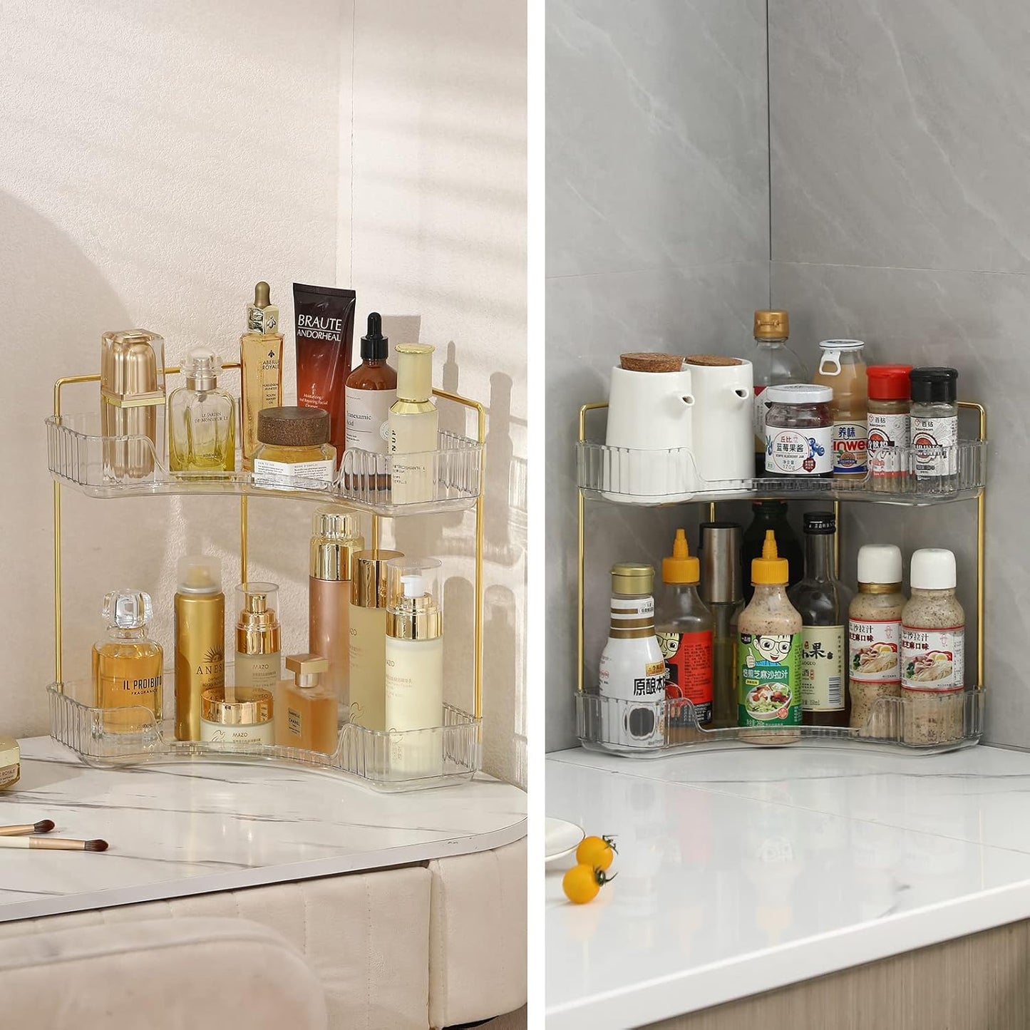 Corner Bathroom Countertop Organizer, Vanity Trays for Counter, Makeup Organizers, Perfume Tray, Kitchen Spice Rack, (Clear, 2 Tiers)