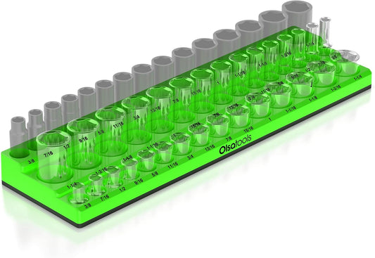 Olsa Tools Magnetic Socket Organizer - 1/2-Inch Drive, 3 Row - Holds 45 Sockets - SAE Green, Professional Grade - Part: 1549