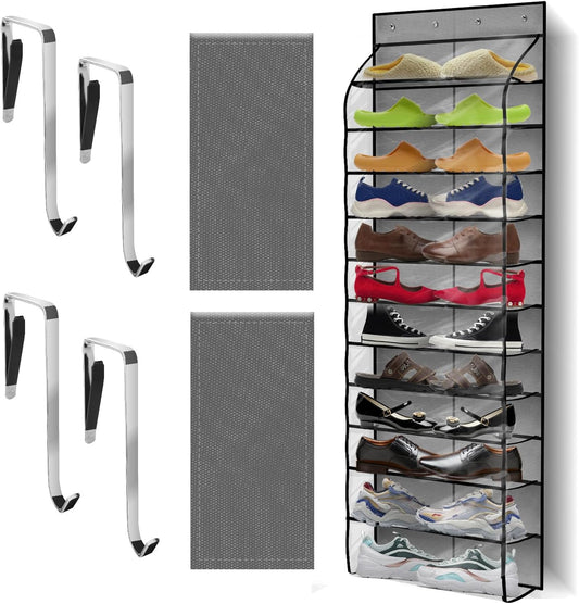 Over The Door Shoe Organizer with 12 Large Breathable Pockets - Sturdy Hanging Storage for Shoes of All Ages - Gray