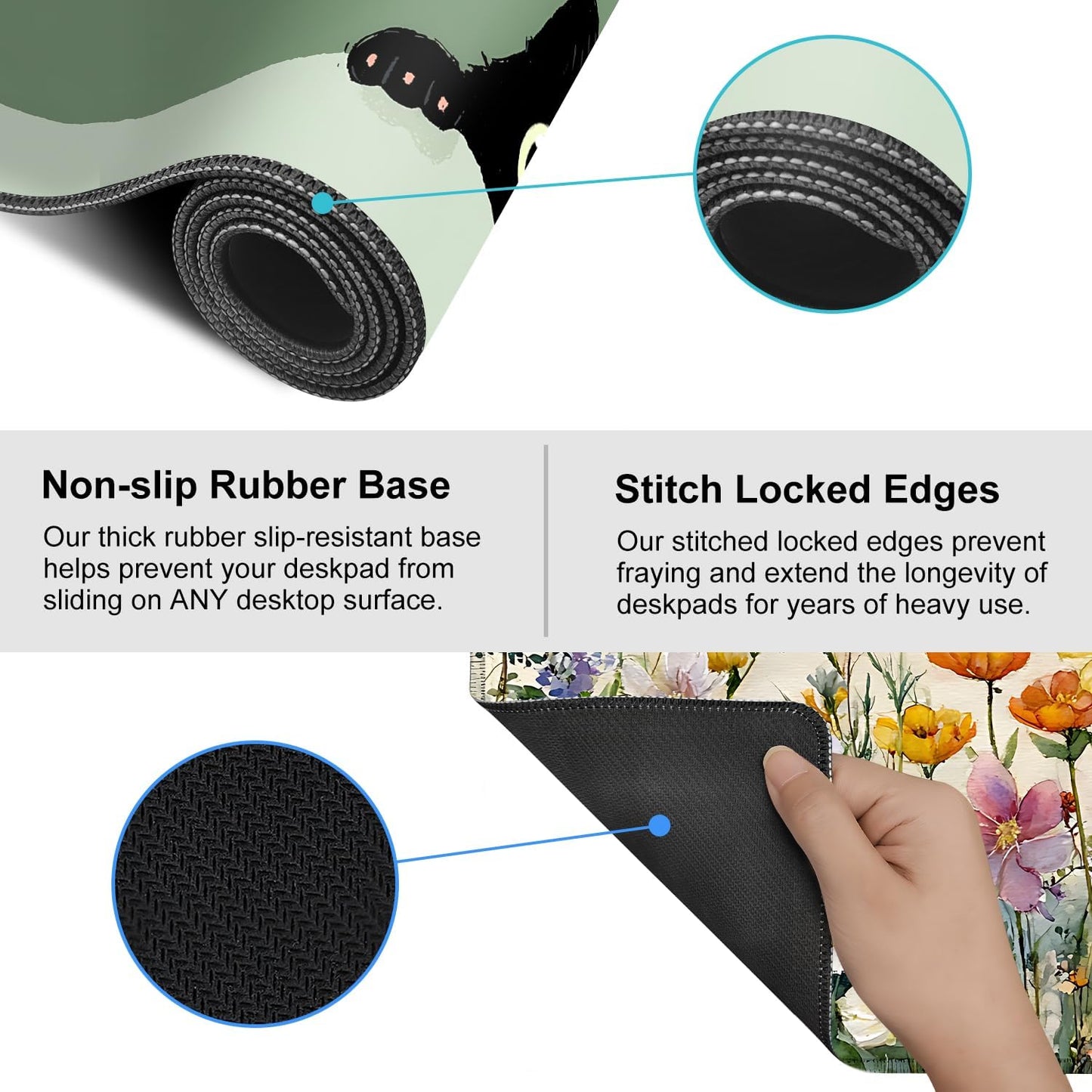 Cute Black Cat Large Mouse Pad – Extended Desk Mat 35.43 x 15.75 in – Kawaii Kitty Peeking Over Edge, Green Background, Non-Slip Rubber Base, Waterproof Keyboard & Mouse Pad for Office or Gaming