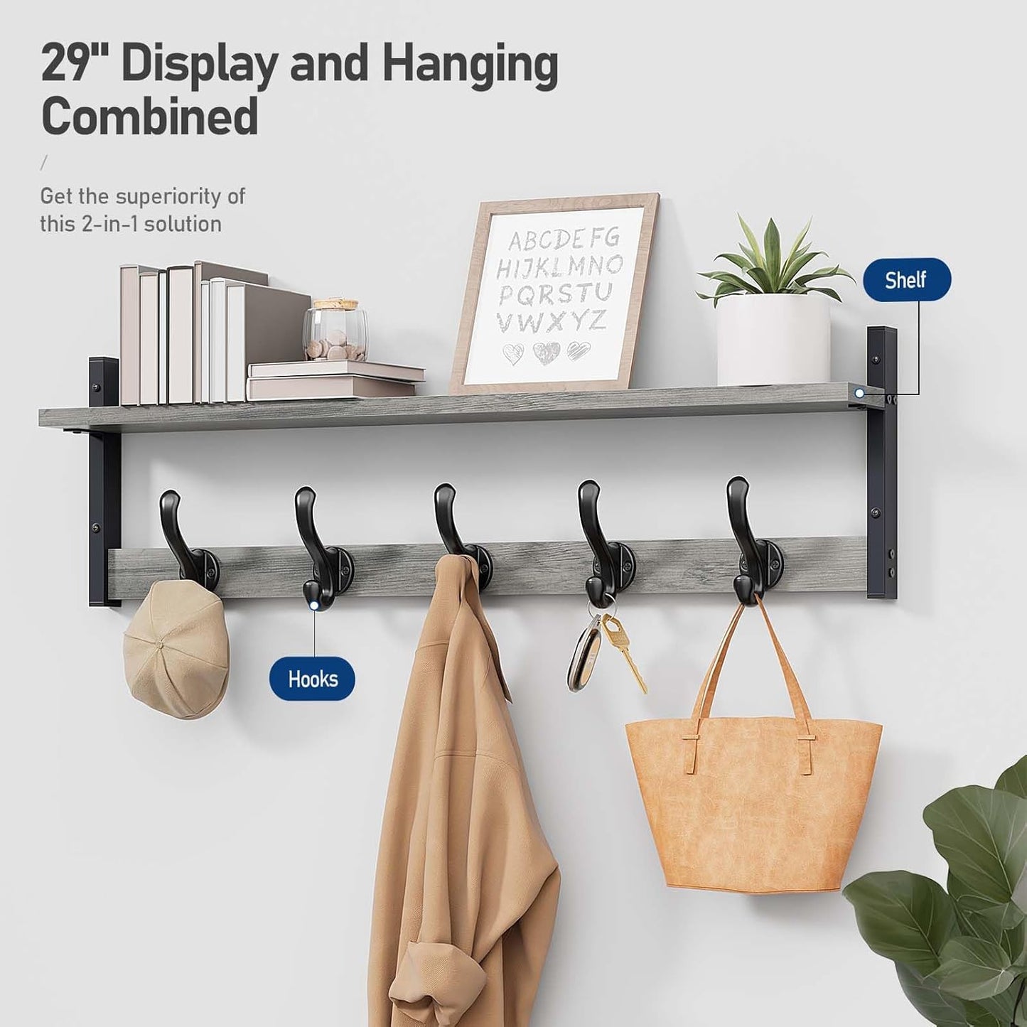 Tatub 29" Rustic Coat Rack Wall Mount with Shelf, Heavy Duty Wall Hooks with Shelf, Entryway Rustic Hat Rack Wall Coat Hangers for Living Room, Hallway, Kitchen