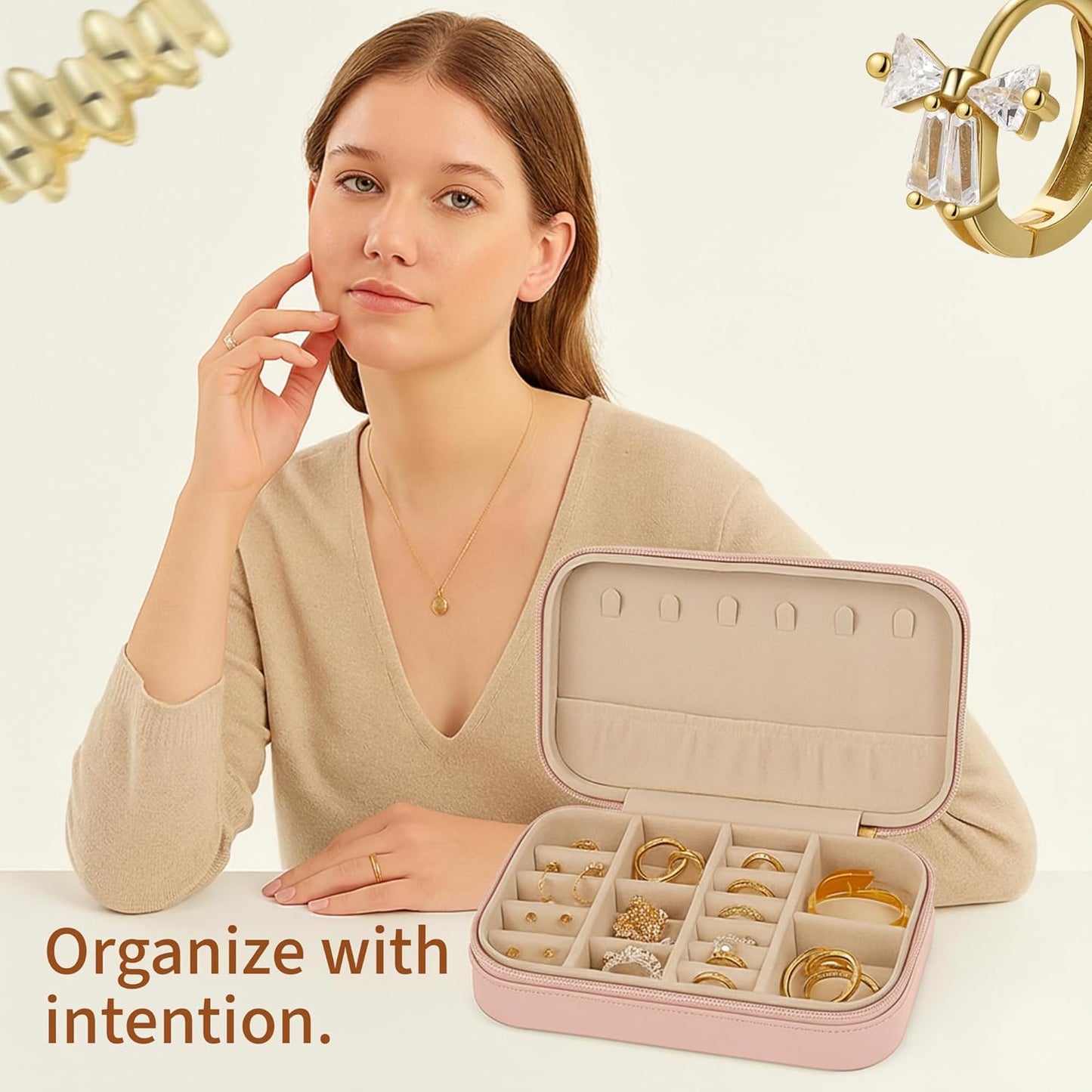 Small Travel Jewelry Box Organizer for women & Girls, Portable Small Travel Jewelry Case Organizer for Traveling, PU Leather Mini Box for Earrings, Necklaces, Rings, Bracelets - Pink