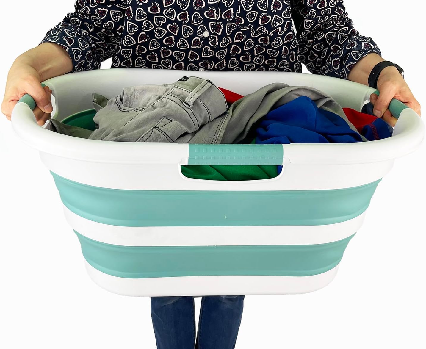 SAMMART 40L (10.5 gallon) Collapsible Plastic Laundry Basket - Space Saving Storage Container/Organizer - Portable Washing Tub - Foldable Pop Up Hamper/Basket (1, White/Celadon Green)