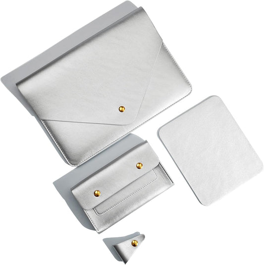 PU Leather Laptop Sleeve 16 Inch Compatible with New MacBook Pro 16 A2991, MacBook Pro 15, Surface Book 15, Dell XPS 15 with Small Pouch, Mouse Pad and Cord Organizer Color Silver