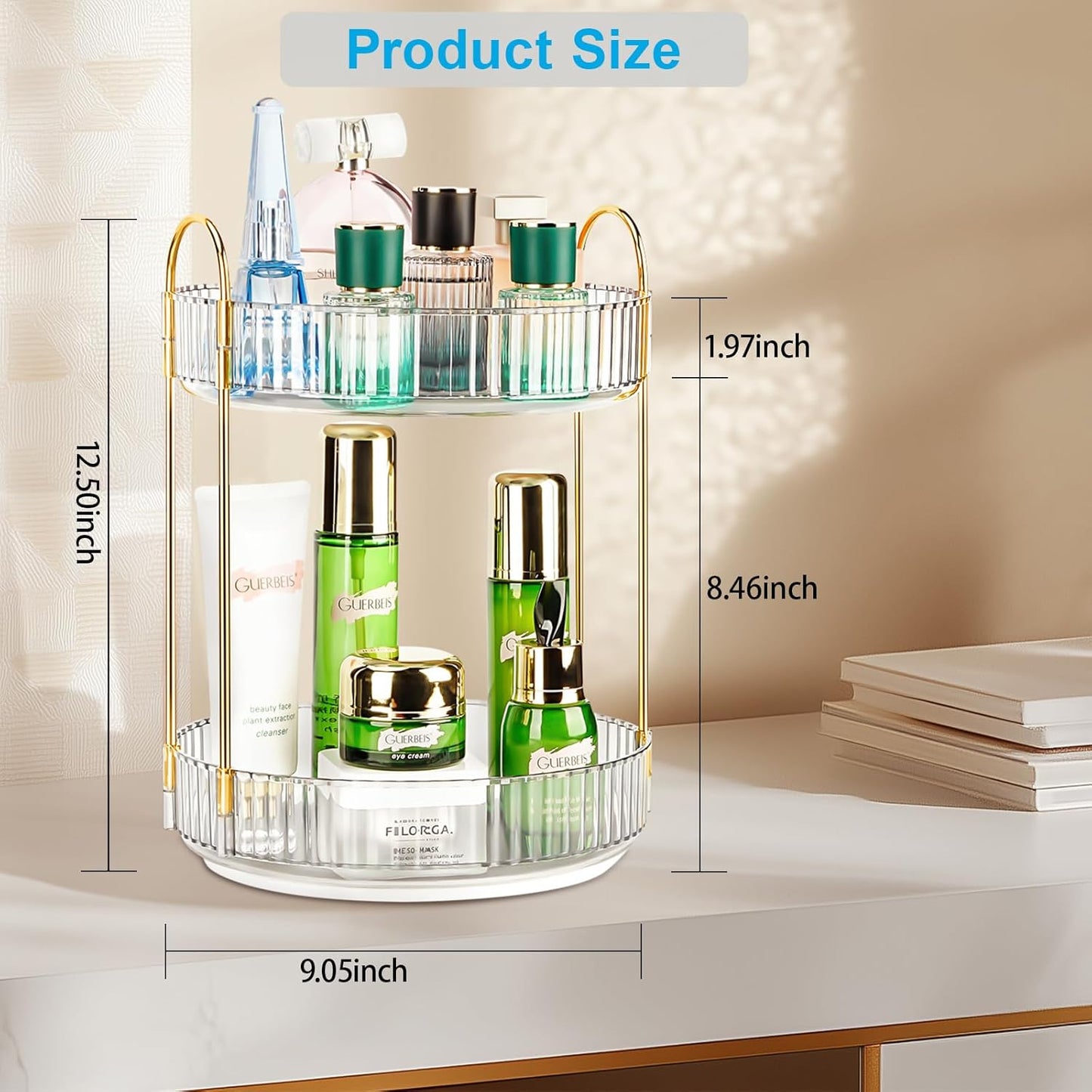 360 Rotating Makeup Organizer - Large Capacity Spinning Perfume & Cosmetic Skincare Holder for Countertop (Pearl White, 2 Tier)