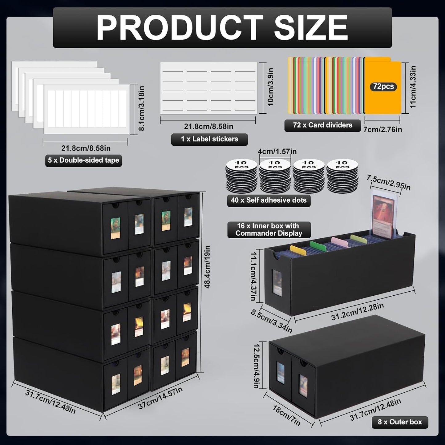 14000+ Card Storage Box, 2700+ Toploader Card Storage Box for Commander Display,with 72 Dividers, Labels & Tapes,Fit for TCG, PTCG, MTG