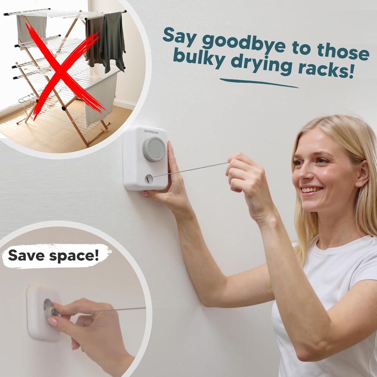 GorillaLine Max - Retractable Clothesline Indoor Outdoor Clothes Line - Heavy Duty Clothes Drying Laundry Line - Wall Mounted Drying Rack - Air Dry Clothing - Max Tighten with GorillaGrip