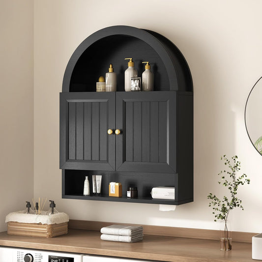 Arched Bathroom Wall Cabinet, 27.4 x 36.4'' Over The Toilet Cabinet with Grille Door, Adjustable Shelf, Wall Mounted Cabinets for Bathroom Laundry Room Kitchen (Black, 36IN)