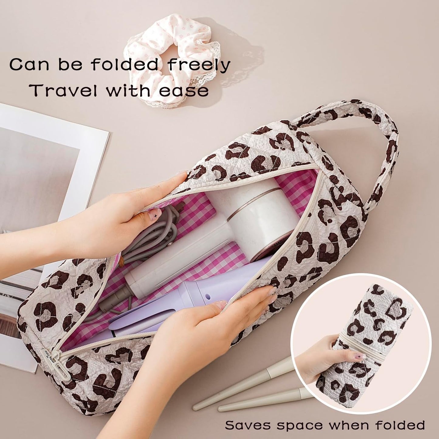 Quilted Hair Tools Travel Bag，Hair Styling Accessories Storage Case for Shark FlexStyle, Dyson Airwrap Hair Dryer, Curling Iron, Revlon Hair Tools，Portable and foldable(02Leopard print)