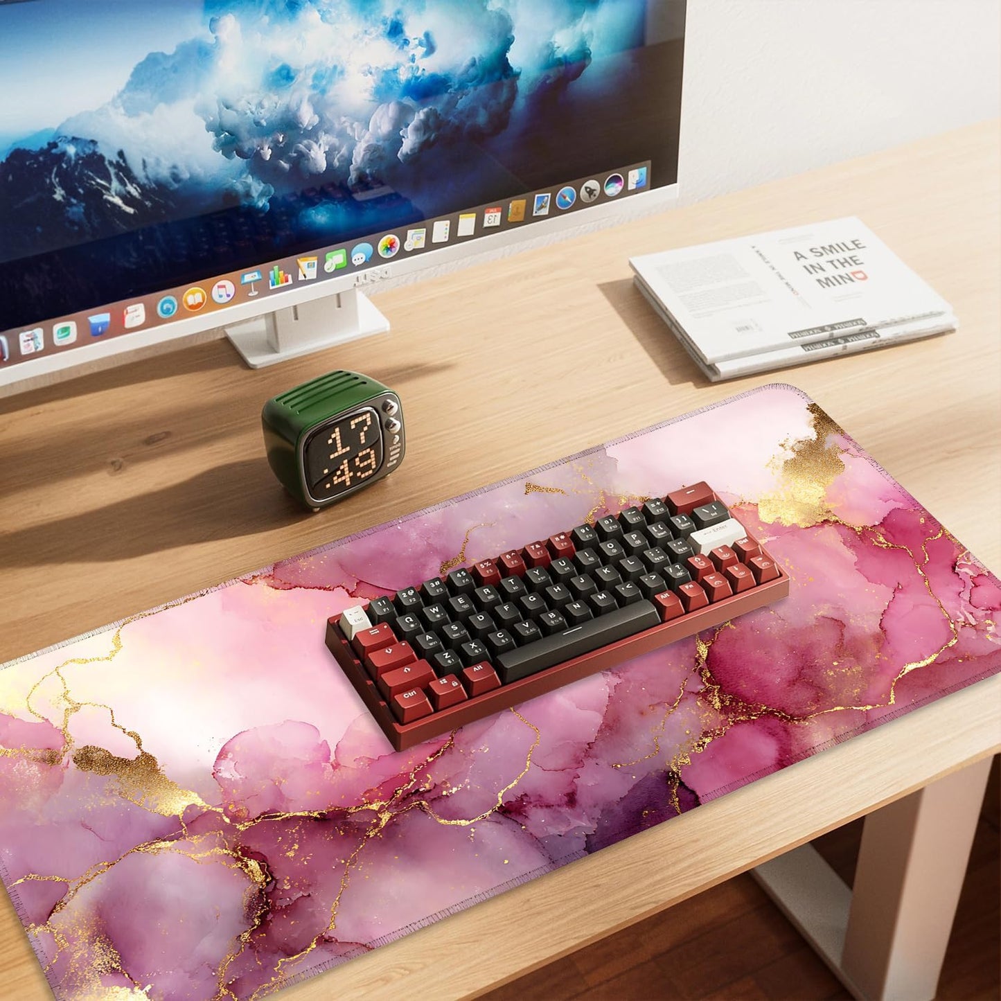Pink Marble Ink Mouse Pad – Large Extended Desk Mat 35.43 x 15.75 in – Elegant Watercolor Gold Foil Design, Waterproof Surface, Non-Slip Rubber Base, Keyboard & Mouse Pad for Office or Gaming