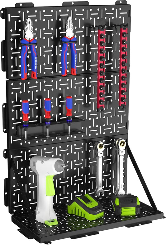 WORKPRO 16”x 16” Metal Peg Board, Foldable Black Pegboard for Wall Organization, Steel Panel with Round Holes & Vertical Slots, Ideal Tool Organizer in Office and Craft Room, 2 Pack
