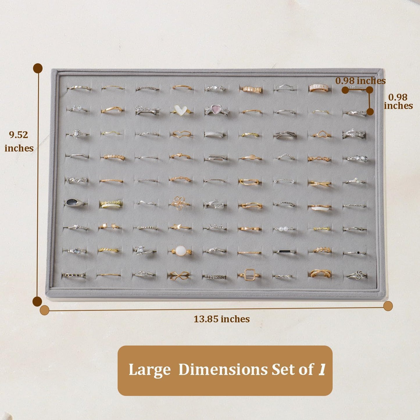 Large Jewelry Organizer for Drawer Insert Velvet Stackable Jewelry Trays for Earring Necklace Bracelet Ring Display (Gray, Ring 100 Slots)