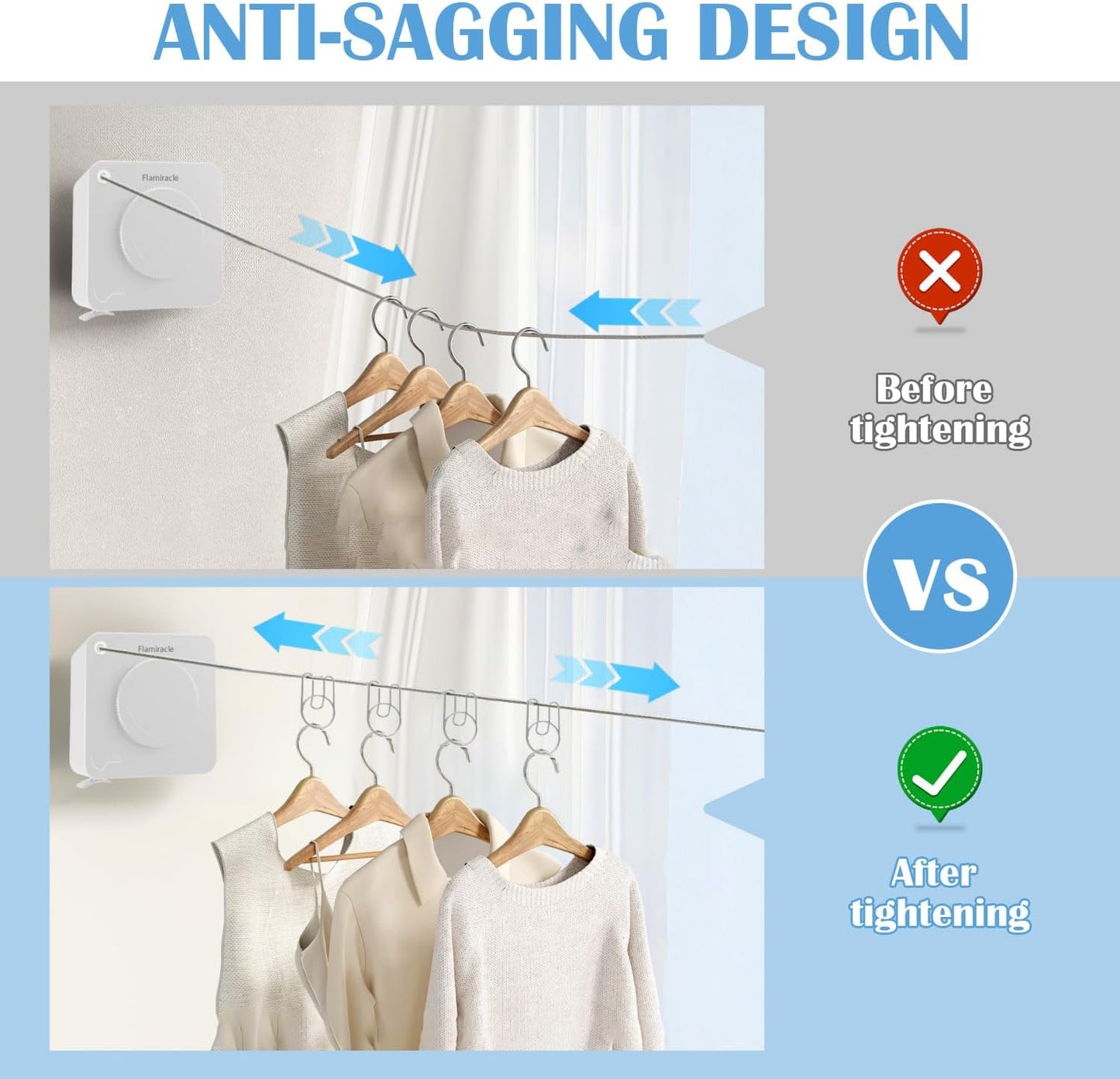 Retractable Clothesline Indoor, Non-Sagging Outdoor Clothes Line Retracting 15.7 Feet Heavy Duty Laundry Line Retractable Wall Mounted Clothes Line Outdoors (Square-White)