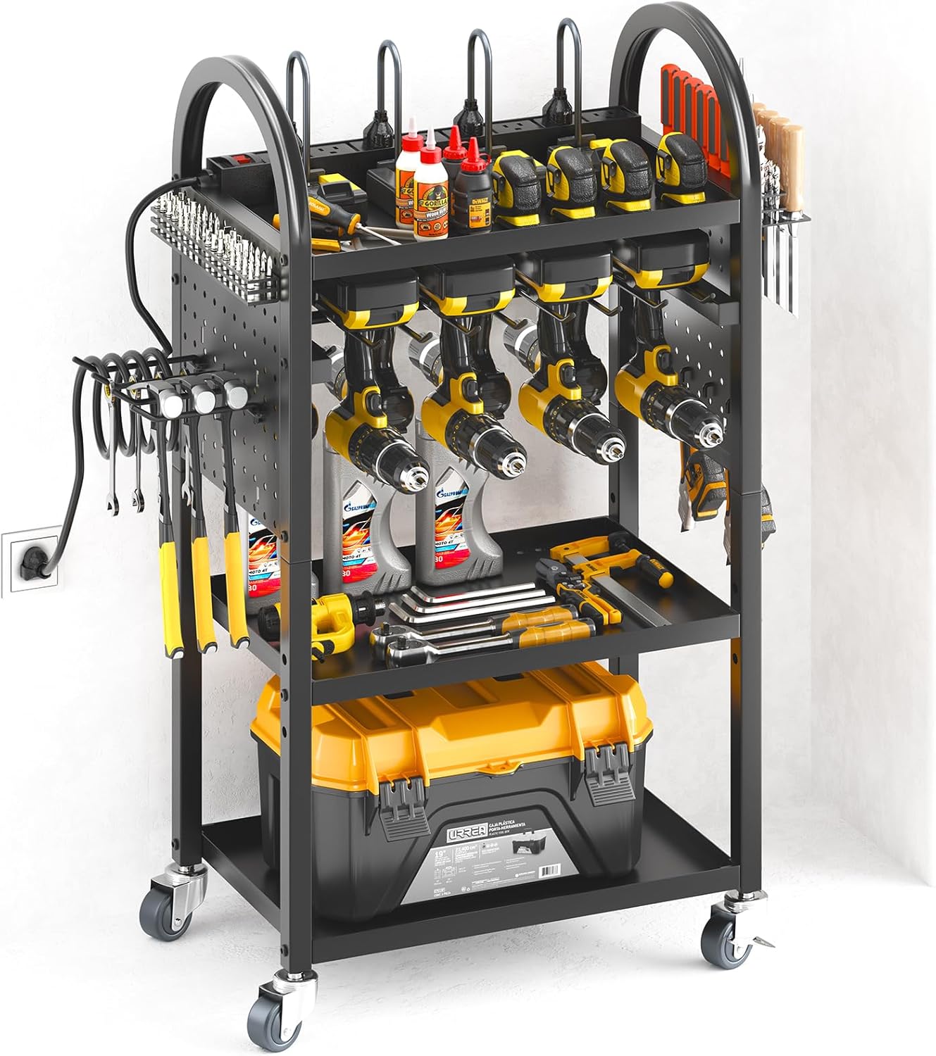 Warome Large Power Tool Organizer Cart with Charging Station, Rolling Utility Cart with 8-Outlet Movable Power Strip, Floor Standing Drill and Battery Holder,Tool Cart on Wheels for Garage Storage