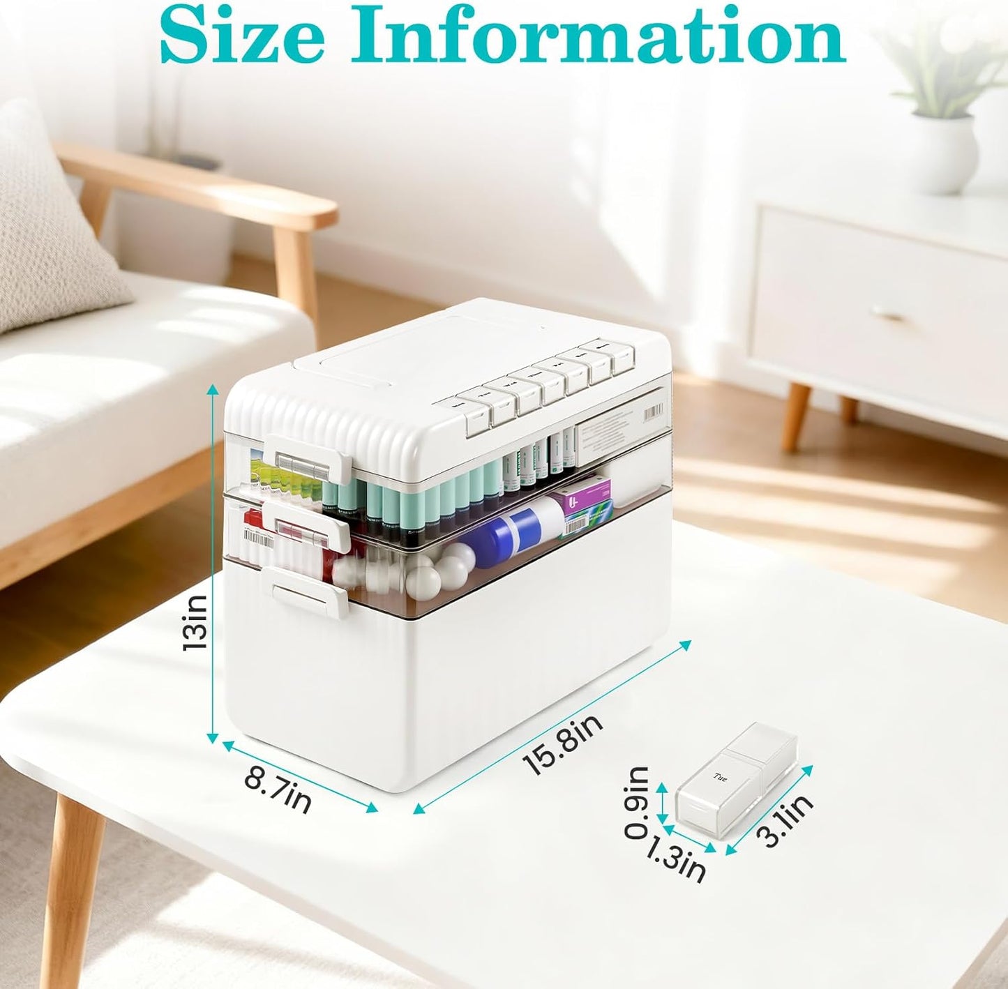 3-Tier Medicine Cabinet Organizer, Portable Medicine Cabinet with Handle, Large Capacity Medicine Storage Box, Multipurpose Medical Box with Pill Box, Empty First Aid Kit for Home, White