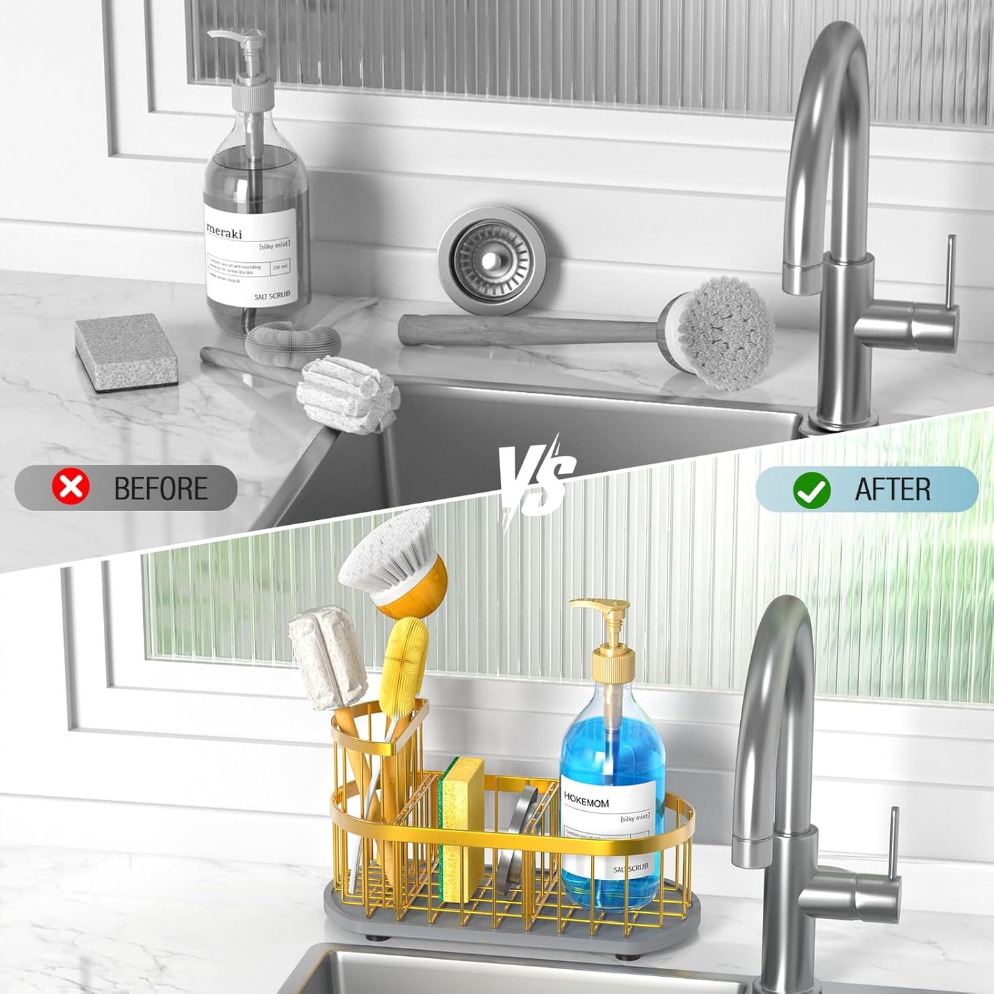 Kitchen Sink Organizer with Sponge Holder & Brush Holder - Drain-Free Non-Slip Base, 2.6mm Stainless Steel with Gold Rust-Resistant Coating - Easy Install & Clean Kitchen Sink Caddy