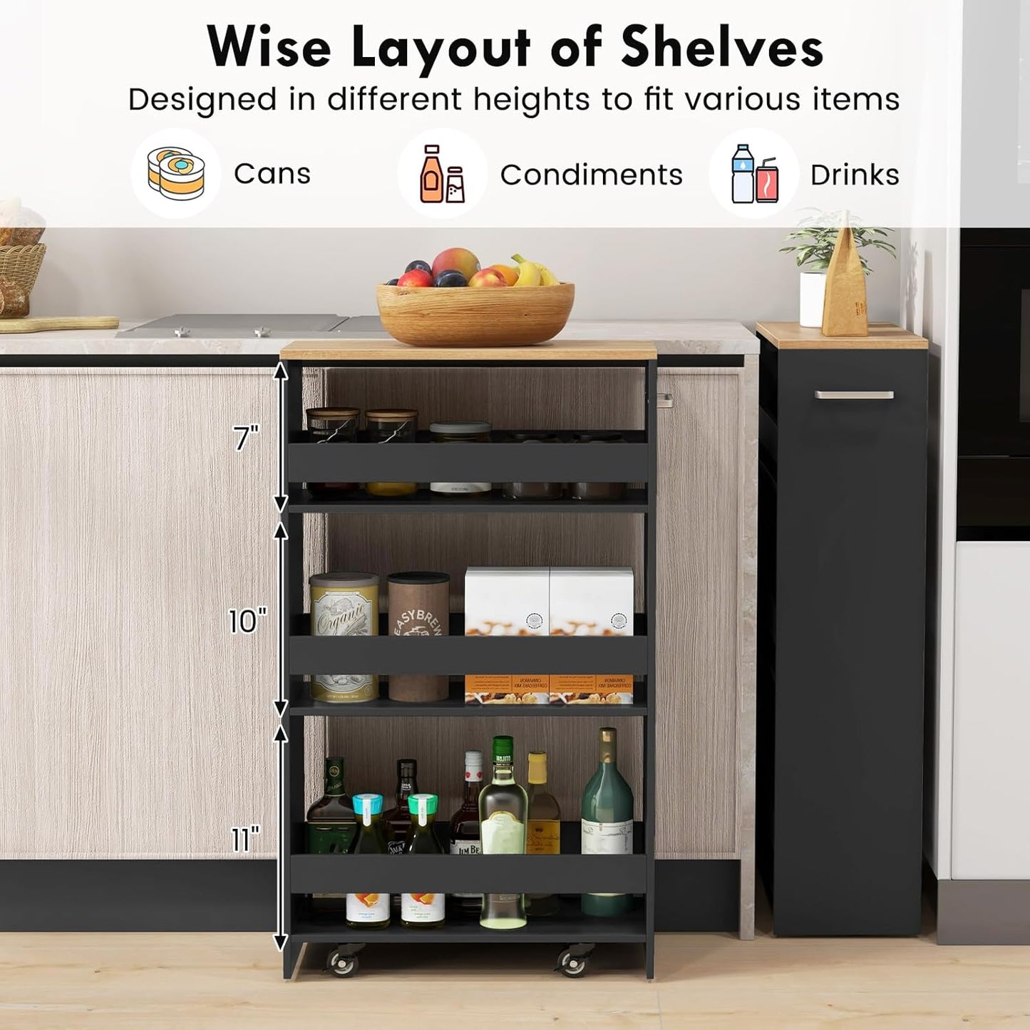 LOKO 4-Tier Rolling Storage Cart, 8 Inches Slim Kitchen Cart on Wheels with Open Shelves & Handle, Laundry Room Cart Between Washer and Dryer, for Bathroom Next to Fridge (Black & Natural)