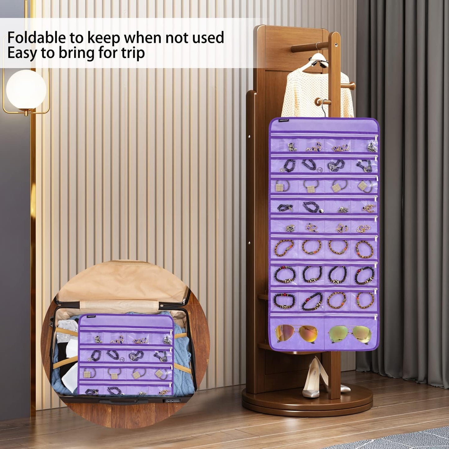 Dual-sided Hanging Jewelry Organizer Necklace Holder Jewelries Storage with 34 Zippered Pockets and 14 Dustproof Hook Loops (PURPLE)