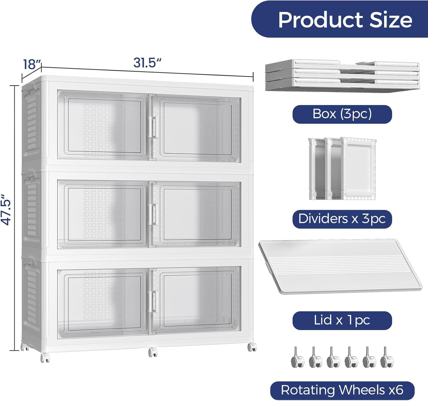150GAL Extra Large Storage Bins with Lid, 600Qt Stackable Closet Organizers and Drawers, Collapsible Storage Bins with Wheels, Folding Containers for Home, Kitchen Office, 3Pack White