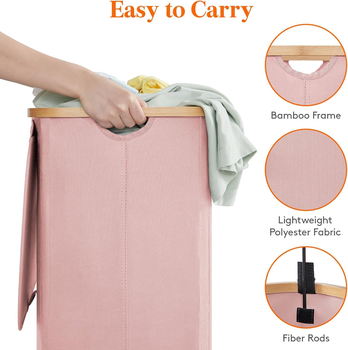 Lifewit 80L Laundry Basket with Lid, Clothes Hampers for Laundry with Bamboo Handles and A Removable Bag, Large Foldable Laundry Hamper for Bedroom, Bathroom, Dorm, Laundry Room, Pink