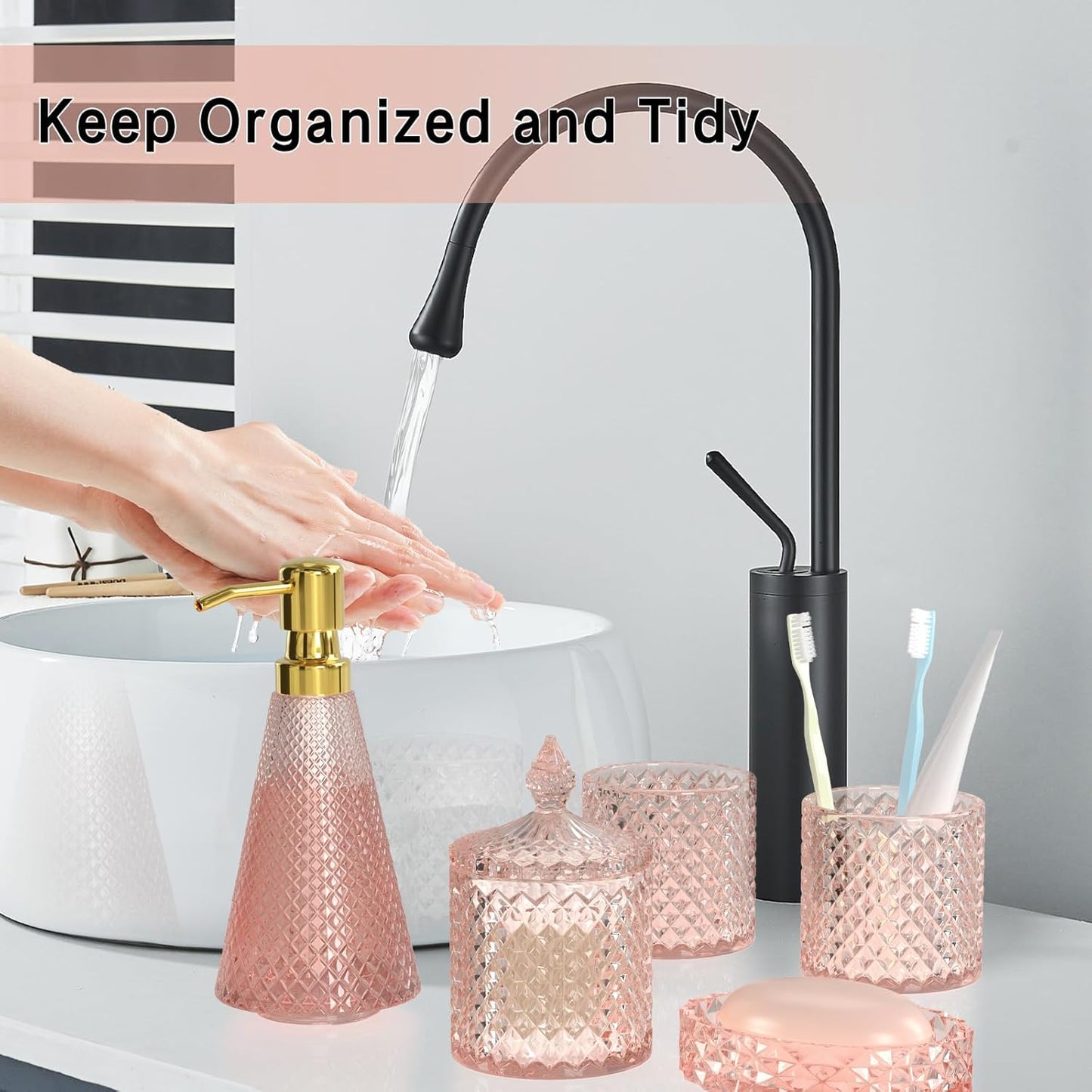 Pink Glass Bathroom Accessories Set 5 Pcs, Pink Bathroom Set, Soap Dispenser and Toothbrush Holder Set, Qtip Holder Set, Vintage Bathroom Sink Set, Cute Bathroom Decor