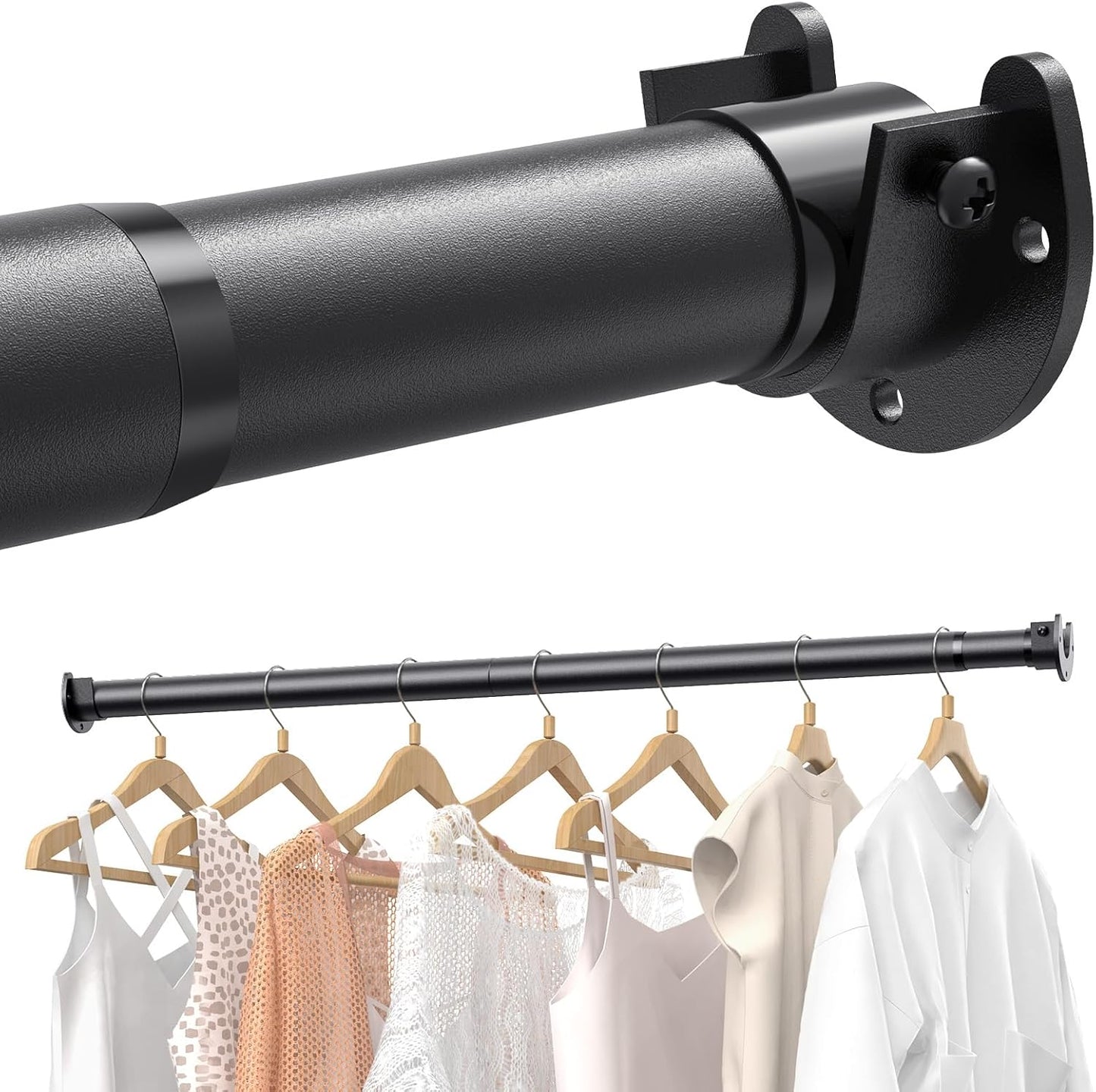 Closet Rods for Hanging Clothes, 17 to 69 Inches Stepless Adjustable Metal Closet Rod, 1.3 Inches Heavy Duty Clothes Hanging Rod for Closet Wardrobes Laundry RV, Black