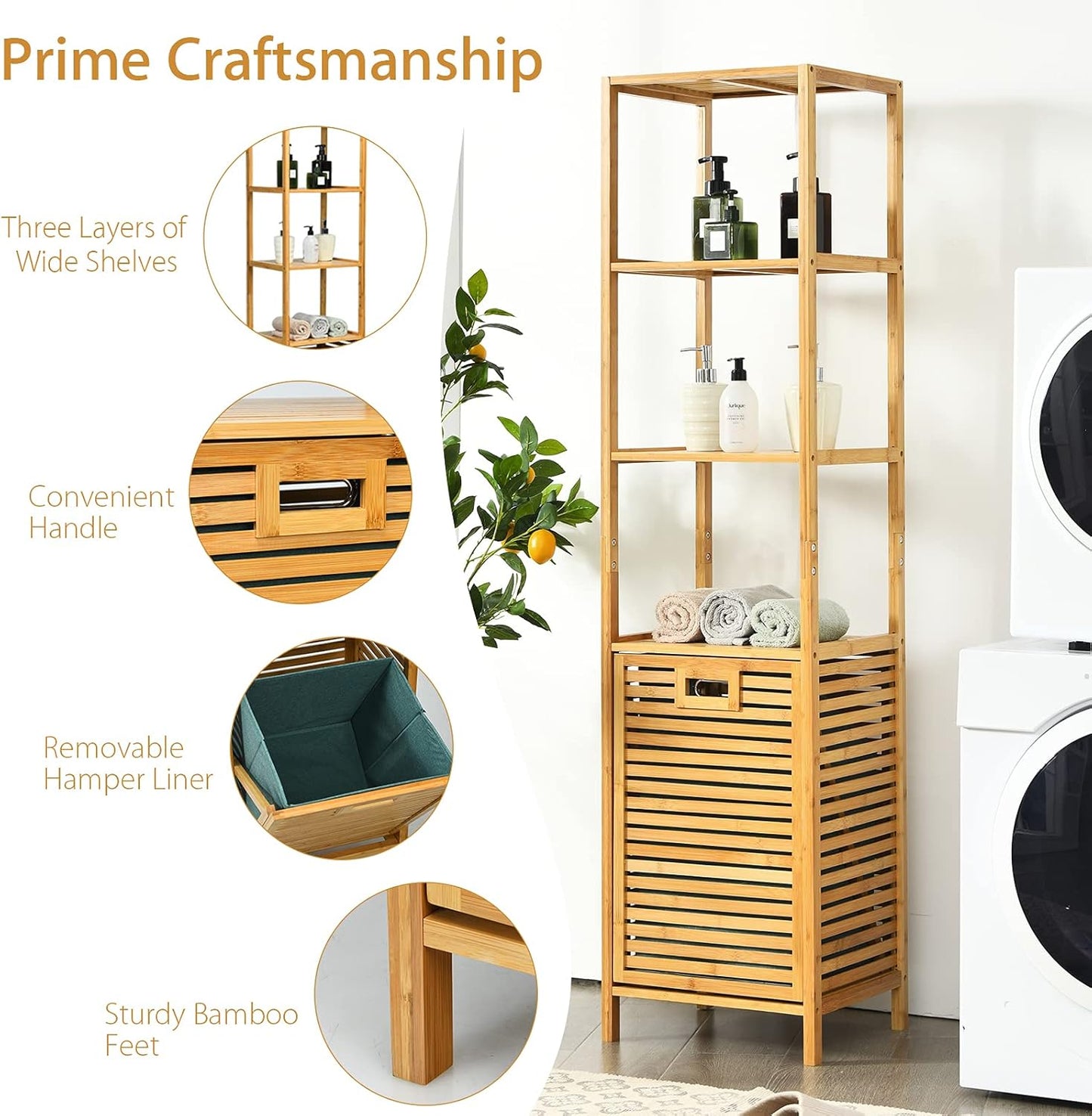 Giantex 63'' Tilt Out Laundry Hamper and 4-Tier Storage Shelves, Removable Clothes Basket with Easy Carry, Bamboo Tower Hamper Organizer, Great for Bathroom, Bedroom, Laundry Room, Closet, Nursery